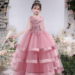 Girl's Dresses Summer Pageant Pink Flower Princess Dress Elegant Kids Clothes For Girls Children Party Wedding 10 12 YearGirl's