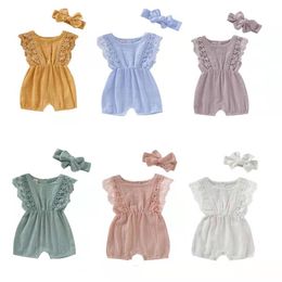 Kids Designer Clothes Girls Summer Boutique Clothing Sets Baby Solid Lace Cotton Jumpsuits Headband Suits Breathable Casual Button Rompers Hairband Outfits B8092