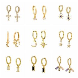 Hoop & Huggie Trendy Small Zircon Moon Star Cross Pendant Earrings For Women 925 Sterling Silver Gold Color Hoops Jewelry PendienteHoop