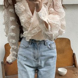 CHEERART Sheer Floral Patch See Through Tulle Top V Neck Puff Sleeve Blouse Women Long Sleeve Desinger Shirt Spring Fashion 220516