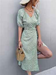 Casual Women Chiffon Dress V Neck Side Wrap Midi Summer Polka Dot Female Puff Sleeve Boho Fashion A line Split 220613