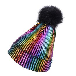 mink fur beret hat UK - Berets 1pc Mink Fur Ball Cap Pom Poms Autumn Winter Hats For Women Girls Hat Knitted Beanies Brand Shiny Female GorrasBerets BeretsBerets