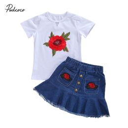 Baby Summer Clothing Infant Kids Girls Skirt Two Piece Set Fashion Rose Embroidery Short Sleeve Top Denim 220620