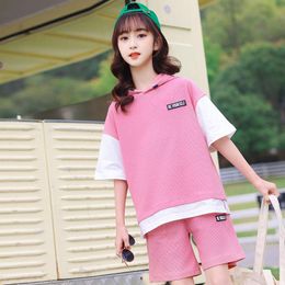 Clothing Sets Children Summer Girls Set Fashion Hooded Splicing Loose Short-sleeved Sports Suits Kids Tracksuit Casual Teen ClothesClothing