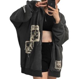 Zip Up Hoodie Grunge Aesthetic Clothes Oversized Sweatshirt with Zipper Vintage Y2k Tops Kawaii Coat Spring Autumn Streetwear 220810