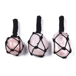 -Colares pendentes 10pcs rosa natural rosa quartzo pingente de charme com fios de nylon de tecido para jóias DIY