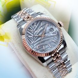 High-end Fashion Women's Business Simple Watch Grey Palm Leaf Super Luminous Sapphire Mechanical Movement Clock Automatic Dating Dress Ring Bracelet Wristwatch