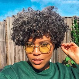 Afro kinky Short gray human hair wigs Salt and pepper sliver grey soft curly Natural curls non lace front machine made Wig 130%density