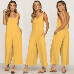 Women's Jumpsuits & Rompers Summer Women Sleeveless Loose Jumpsuit O Neck Casual Backless Overalls Trousers Wide Leg Pants 4 Colour S-2XL