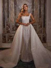 Charming Sequined Wedding Dresses Square Collar Sleeveless Bridal Gown Custom Made Open Back Royal Train Women Formal Robes De Mariée