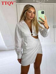 TTQV Sexy White Women's Dress 2022 Bodycon Lapel Long Sleeve Mini Dress Ladies Elegant Slim Spliced Hollow Out Party Dresses T220804