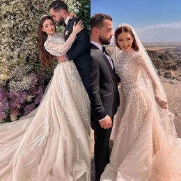 Luxury Ball Gown Wedding Dresses High Neck Portrait Long Sleeves Pearls Beads Sequins Appliques Lace Ruffles Floor Length Bridal Gowns Plus Size robes de soiree
