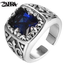 prong settings Canada - Cluster Rings Vintage Blue Stone Ring For Men Real 925 Sterling Silver Women Heavy Rock Jewelry Biker Man Resizable Size 9-11Cluster