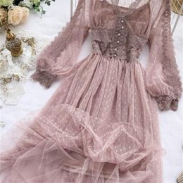 Spring Women Mesh Lace Crochet Dresses V-neck Elegant Prom Puff Sleeves Dress Summer Dot Prom Party Sexy Slim Swing Long Dress 220316