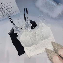 Women's Tanks & Camis Summer Women Lace Underwear Black White Crop Top Pearl Bow Embroidery Sequin Camisole Sexy Lingerie Y2k Tops Butterfly