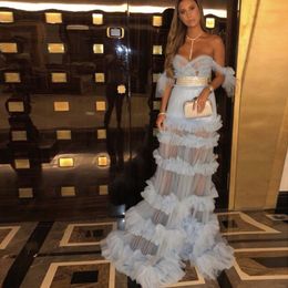 Baby Blue See Thru Tulle Mermaid Prom Dresses Backless Long Evening Gowns Beaded Waist Ruffles Tiered Formal Party