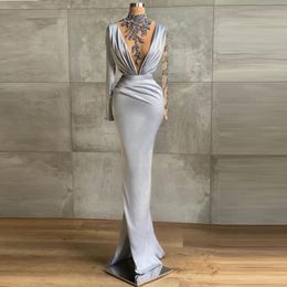 High Neck beaded evening dresses long sleeve mermaid modest silver elegant satin formal party dresses vestido longo