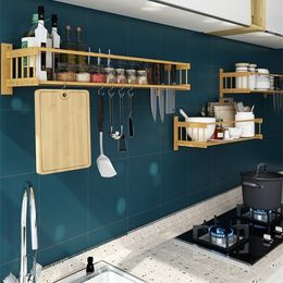 Kitchen Wall Racks Free Punching Solid Wood Storage Bathroom Shelf Organiser Spice Wooden 4 Size Y200407