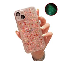 Fluorescent Glitter Luminous Phone Cases For iPhone 13 11 12 Pro Max Xs XR Luxury Clear Back Cover With Glass Lens Bumper Protect Shockprooft Anti Fall