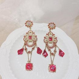 Luxury Korean Pink Crystal Drop Earrings For Women Girls Fashion Elegant Pearl Beads Jewellery Pendientes Brincos Dangle & Chandelier