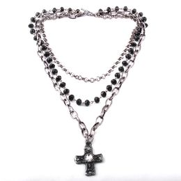 Pendant Necklaces Fashion Bohemian Tribal Jewelry 3 Layer Multiple Black Glass Crystal Rosary Link & Chain Cross NecklacesPendant