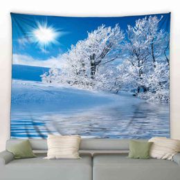 Tapestry Winter Snow Landscape Wall Carpet Field Mountain Forest Printing Hangi