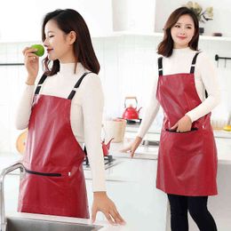Waterproof and oil-proof leather apron women's fashion strap home kitchen overalls cooking waistband custom printing Y220426