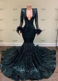 Hunter Green Arabic Aso Ebi Mermaid Evening Dresses with Long Sleeve 2022 Sparkly Sequin Wrist Feathers African Prom Engagement Gown BES121