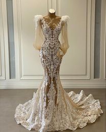 Champagne Mermaid Long Sleeve Wedding Dresses 2022 Real Work Feather Applique Lace-up Corset Sweep Train Bridal Gown Vestido