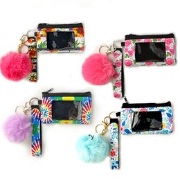 9 Design Print Sunflower Leopard Neoprene Credit Card Holder With Pom Poms Ball Keychains Set Lanyard Wristlets Pouch Zipper RRA13230