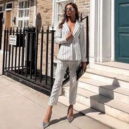 Women's Two Piece Pants Elegant Black White Striped Women Suit Peaked Lapel One Button Casual Daily Blazer Streetwear Party Prom Jacket 2 Pi