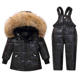 Children Large Wool Collar Down Jacket And Jarretel Suit Winter Girls Boys Baby Jarretel Hooded White Duck Down Jacket J220718