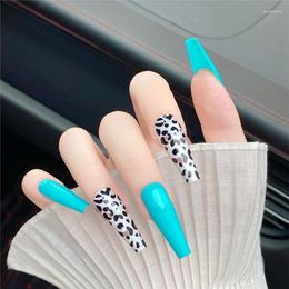 False Nails 24Pcs/Box Green Long Coffin Nail Tips With Leopard Design Detachable Ballerina Manicure Patches Press On Full Cover Prud22