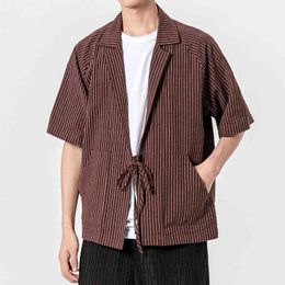 Summer Men Cotton Linen Harajuku Shirts 2022 Summer Mens Vintage Loose Striped Shirts Male Chinese Style Belt Kimono Cardigan L220706