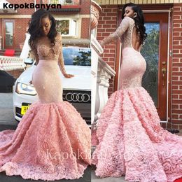 plus size taffeta jacket Canada - Blush Pink Prom Dresses Mermaid Long Sleeve See Through Neckline Flower Sparkly Crystal African Latest Evening Gown238o