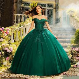 Hunter Beaded Lace Ball Gown Quinceanera Dresses Rhinestones Off The Shoulder Neckline Princess Prom Gowns Appliqued Sweet 15 Masquerade Dress