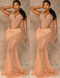 2022 Plus Size Arabic Aso Ebi Mermaid Gold Lace Prom Dresses Sheer Neck pärlor Evening Formal Party Second Reception Dress Dress