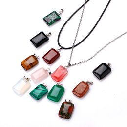 Natural Stone rectangle pendant necklace Opal Tiger's Eye Pink Quartz Crystal Chakra Reiki Healing Pendulum Necklaces