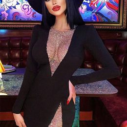 Summer Women's Sexy V-neck Mesh Diamond Long Sleeve Bodycon Bandage Dress Fashion Celebrity Party vestido 220425