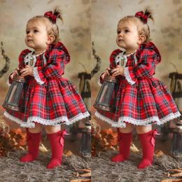 Girl's Dresses Fashion Christmas Toddler Infant Baby Girl Xmas Clothes Long Sleeve Lace Tutu A Line Plaid Autumn Dress