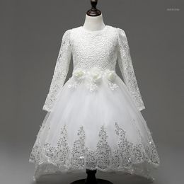 Girl's Dresses Design 2022 Kids Clothes Baby Girl White Dress Wedding Party For Children Flower Long Sleeve Lace Gown