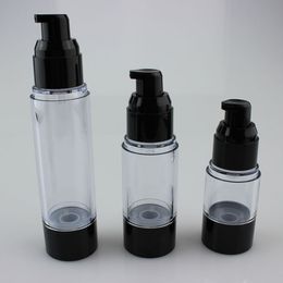 100pcs 15ml airless pump bottle essence lotion bottle ,empty 15ml transparent body black Cosmetic Container