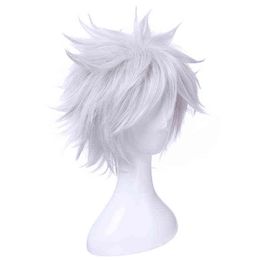 L-email Wig Synthetic Hair New Gintama Gintoki Sakata Cosplay Wigs 35cm Short Sliver White Men Heat Resistant 220622