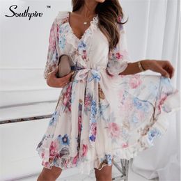 Southpire Women's Floral Print Half Sleeve Sexy Mini Party Dress Backless Ruffle Spring Summer Dress Casual Female Clothing 220514