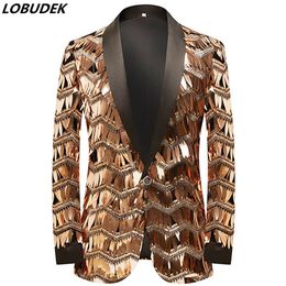 Men's High-end Champagne Gold Tassel Sequin Blazers Bar Stage Singer Concert Performance Mirror Tuxedo Banquet Wedding Groom Suit Jackets Glitter Costume