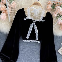 Sexy Halter Lace Patchwork Short Blouse For Women Casual Puff Sleeve Velvet Shirt Female Black Tops Fashion Autumn Winter 220513