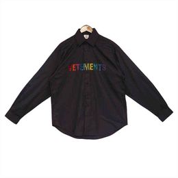 VETEMENTS Bronzing Printing Letters Blue Stripe Long Sleeve Shirt Men's and Women's Pointed Collar Oversize Loose Shirt 843