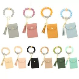 Silicone Bead Bracelet Party Favor Solid Color Card Bag Key Chain Wallet Leather Tassel Multi Card Slot Change Bag Leather Card ZZB15182