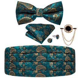 Belts Teal Paisley Men's Tuxedo Cummerbund Silk Bow Tie Set Man Wedding Dress Waist Elastic Waistband For Men Wide Belt DiBanGuBelts