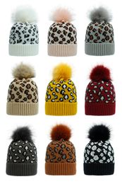 knitted Hat European And American Leopard Print Women Winter Warm Beanie Hat Vintage Fuffy Pompom Cuffed Skull Cap